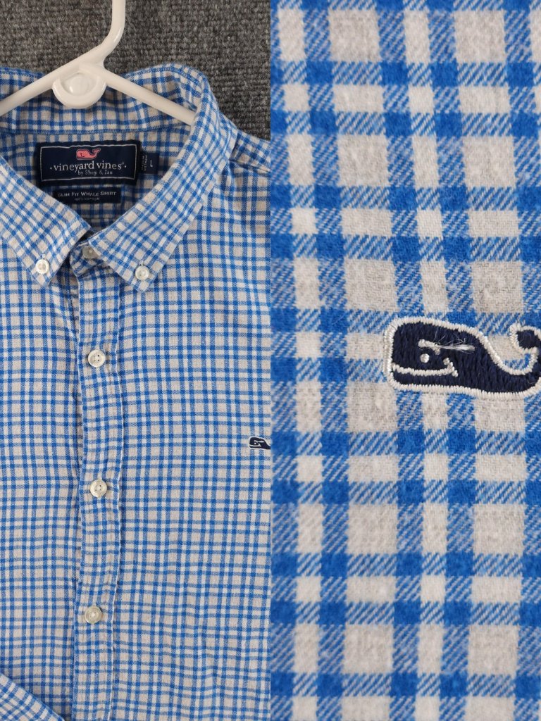 Vineyard Vines Flannel Cotton Slim Fit Whale Large Check Button-Down Blue Casual
